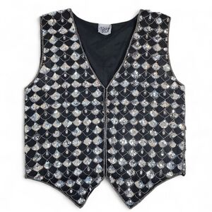 Vintage Sweet Sue Sequin Vest Black Silver Scallop Design Estimated Size Large